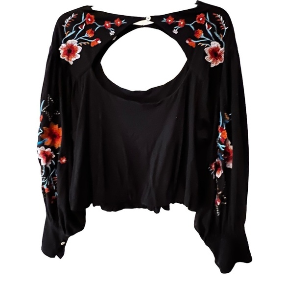 FREE PEOPLE Lita Embroidered Top Fairy Goth Cutout Balloon Sleeve Boho Black S - Picture 10 of 16